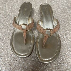 Lilly Pulitzer Gold Sandals cork wedge with Tan Straps 8.5m super cute for summe